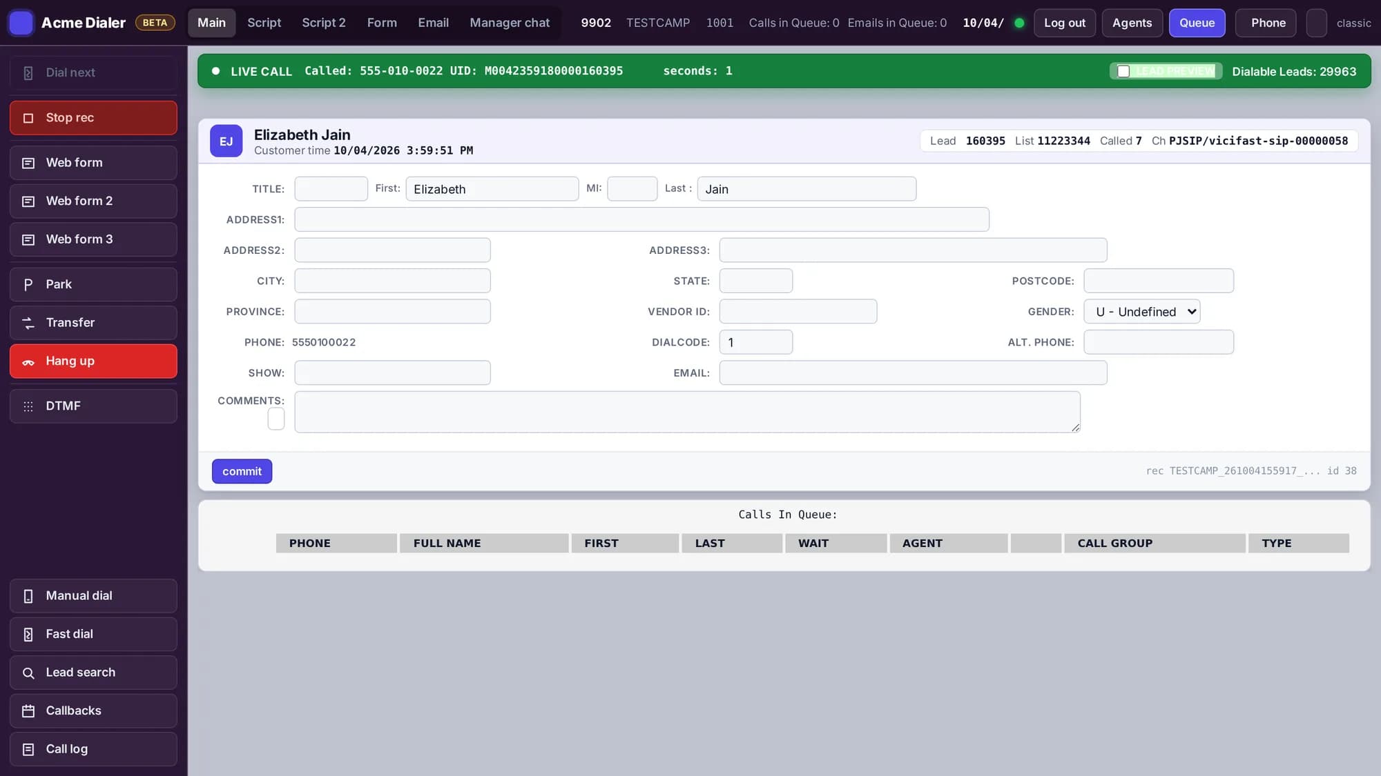 The VICIfast agent screen on a live call: green status band, the lead card with name and customer time, the action rail with Hang up and Transfer lit
