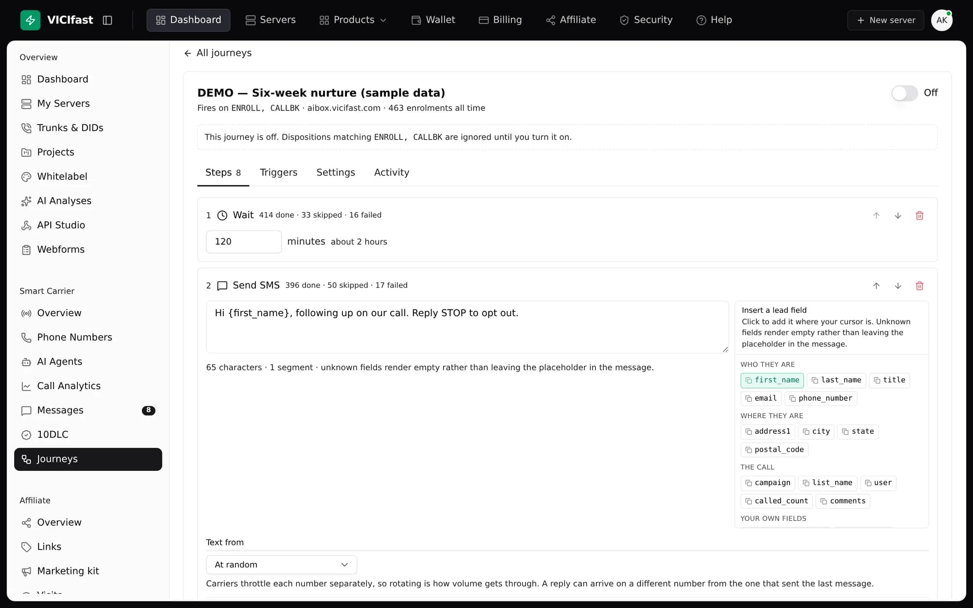 The journey builder: a wait step, then a text message step with lead fields to insert