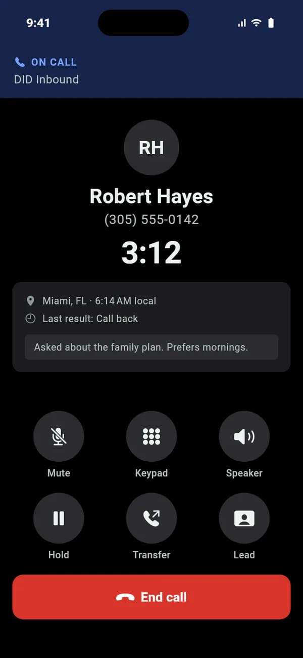 The VICIdial iPhone app preview on a call in dark mode