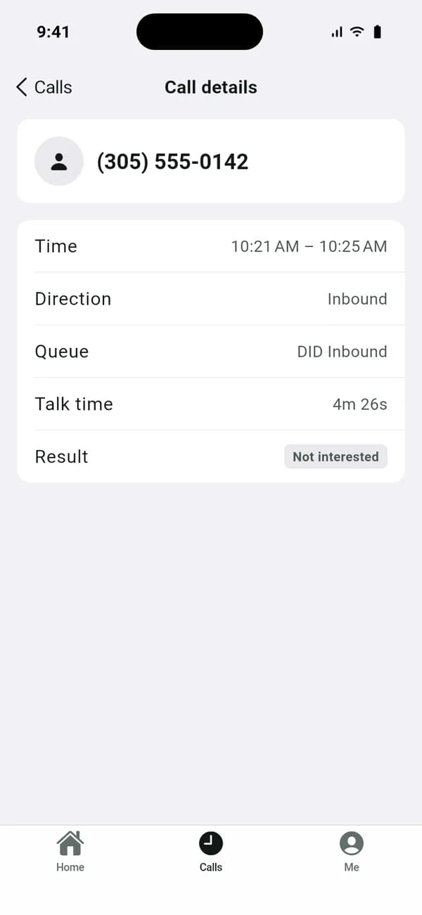 Call details in the VICIdial iPhone app preview