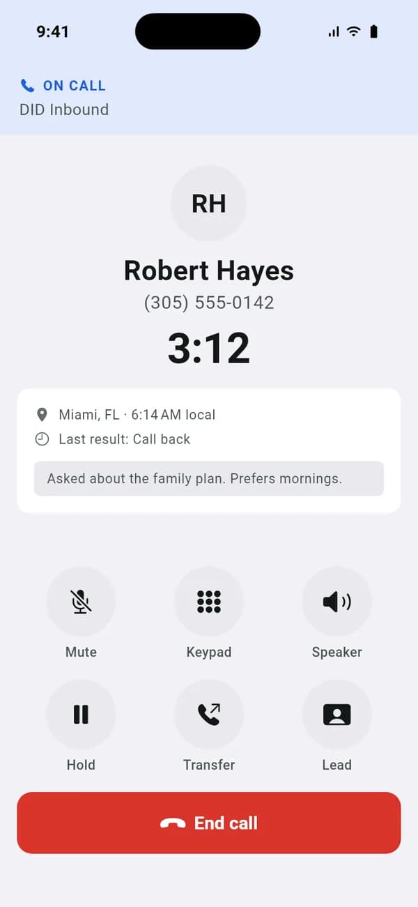 VICIdial iPhone app preview on a call, with the lead’s details and call controls