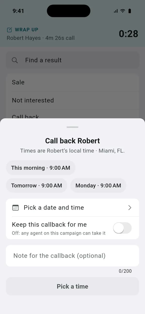 Scheduling a VICIdial callback in the iPhone app preview