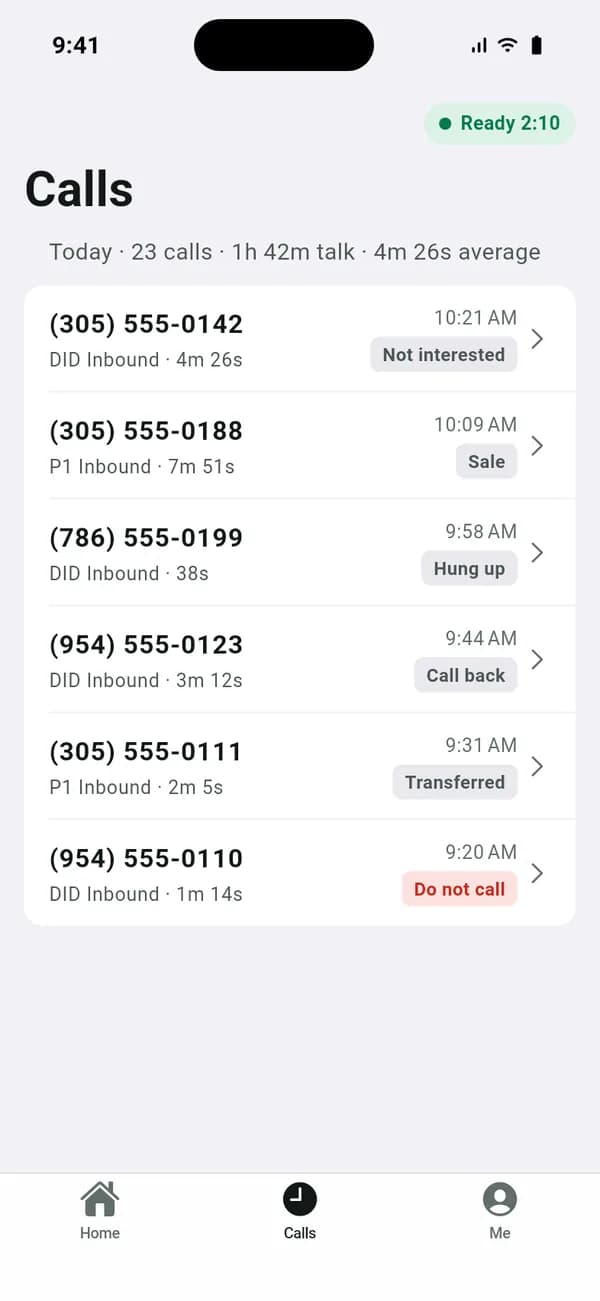 Today’s calls in the VICIdial iPhone app preview