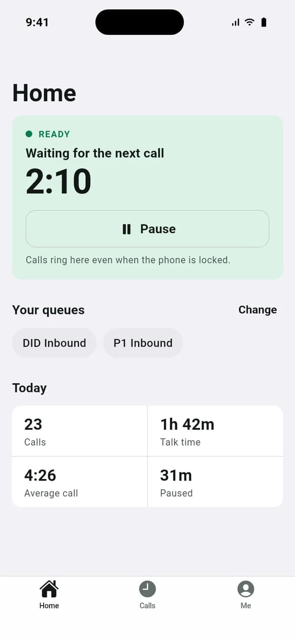 The agent’s home screen in the VICIdial iPhone app preview