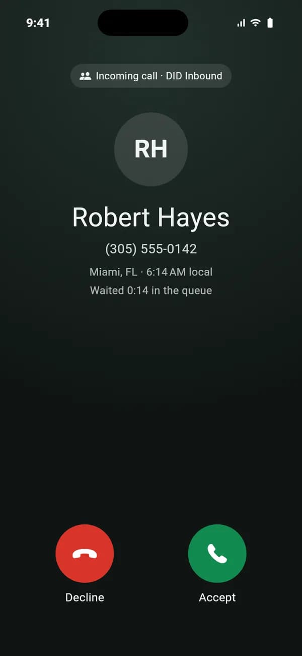 VICIdial iPhone app preview: an incoming queue call with caller name, number, city and local time