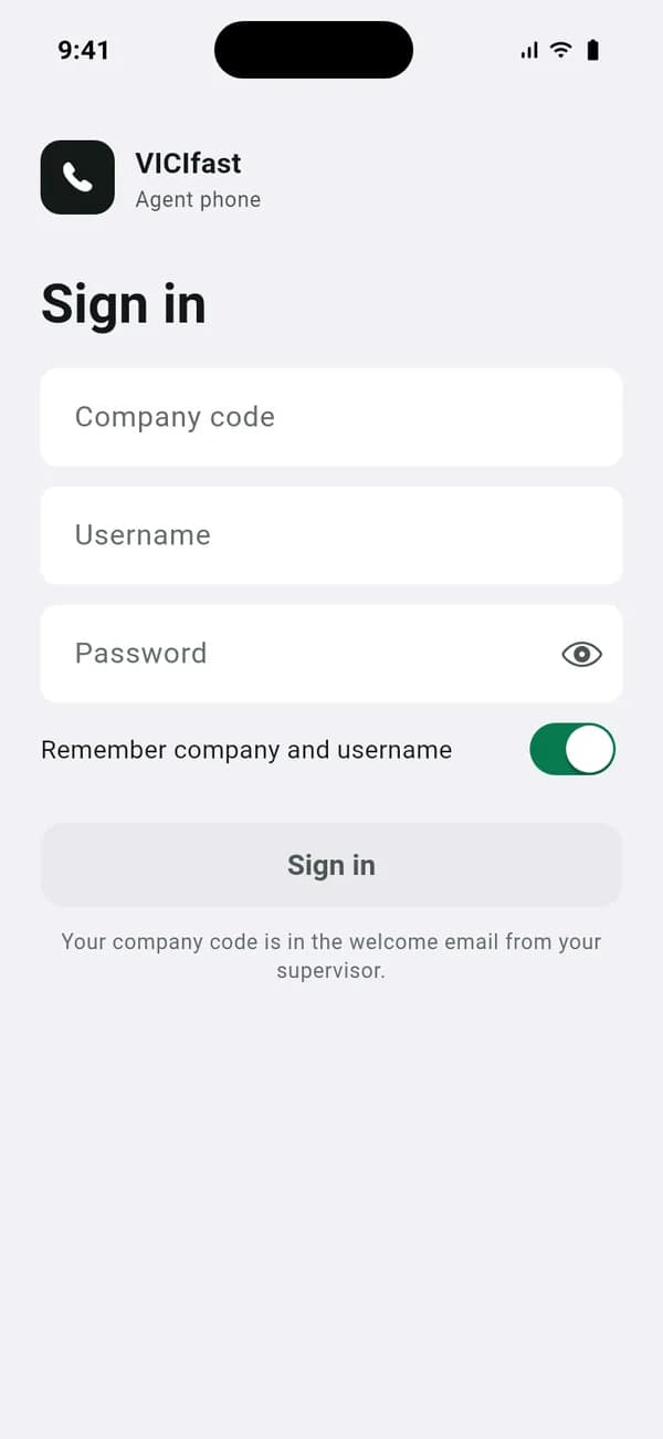 VICIdial iPhone app preview sign-in screen