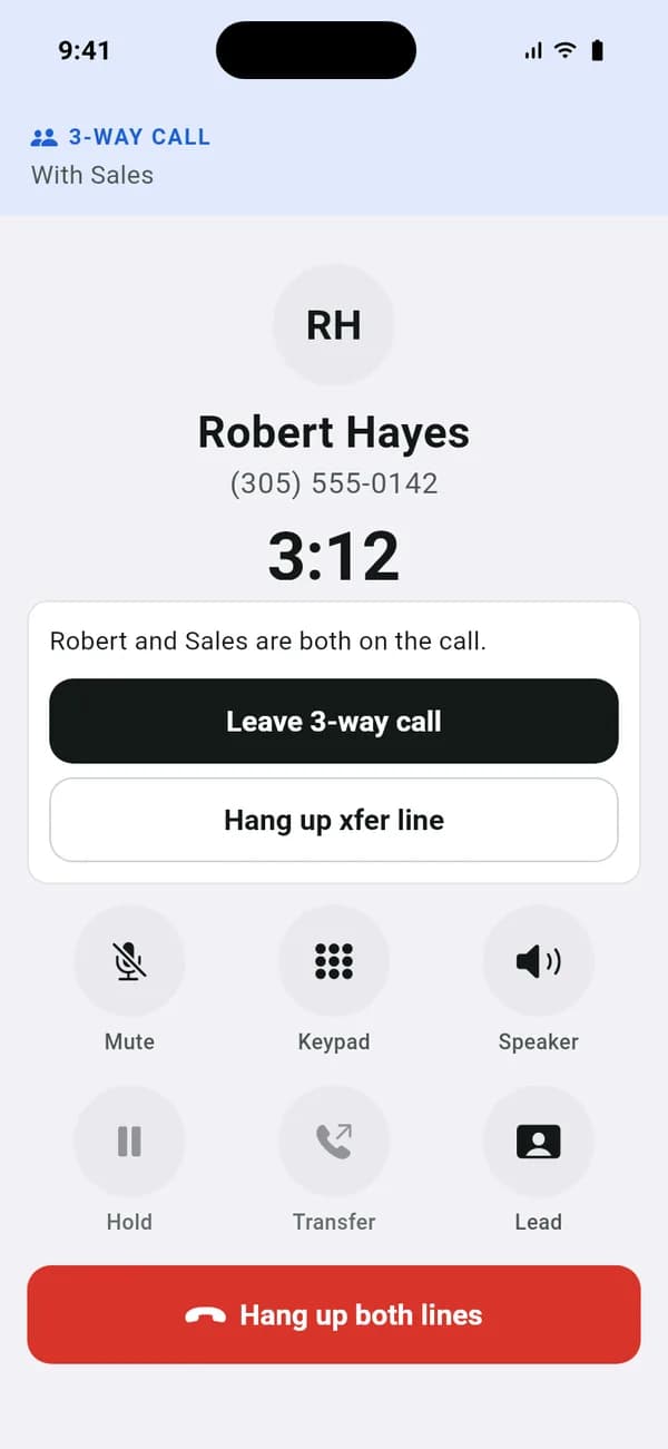 A 3-way call in the VICIdial iPhone app preview
