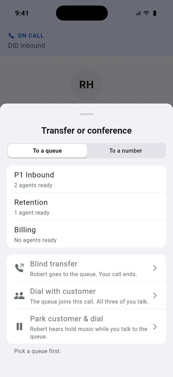 Transfer or conference sheet in the VICIdial iPhone app preview