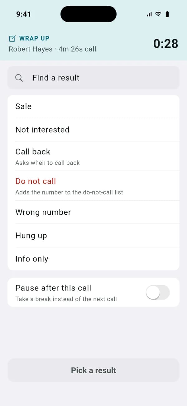 Choosing a call result in the VICIdial iPhone app preview