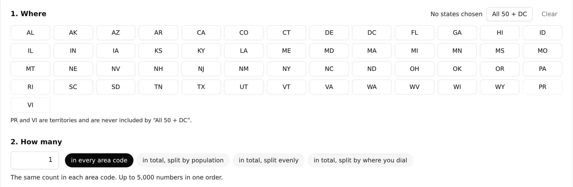 Ordering numbers in the dashboard: every US state as a tile, a count, and four ways to spread the order across area codes