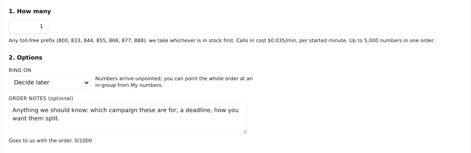Ordering toll-free numbers: a count, where they ring, and order notes