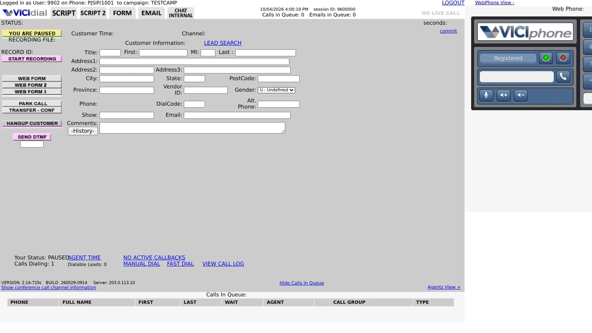 The stock VICIdial agent screen on the same server, for comparison