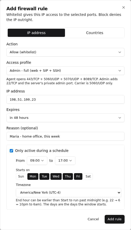The Add rule dialog: an IP address, the Admin access profile, a 48-hour expiry, a reason and an optional weekday schedule in a chosen time zone