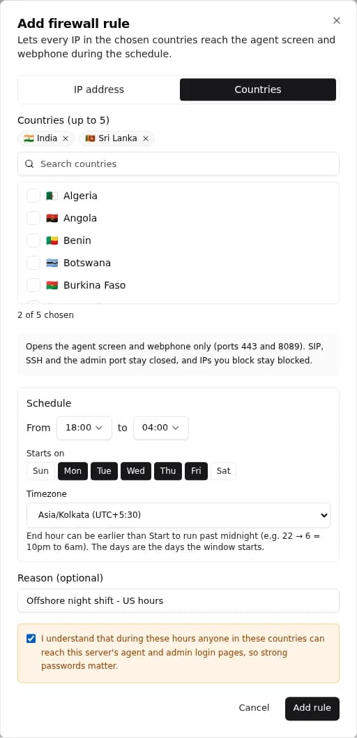 The scheduled country allow dialog: India and Sri Lanka chosen, open 18:00 to 04:00 on weekdays in Kolkata time, with the risk acknowledgement ticked