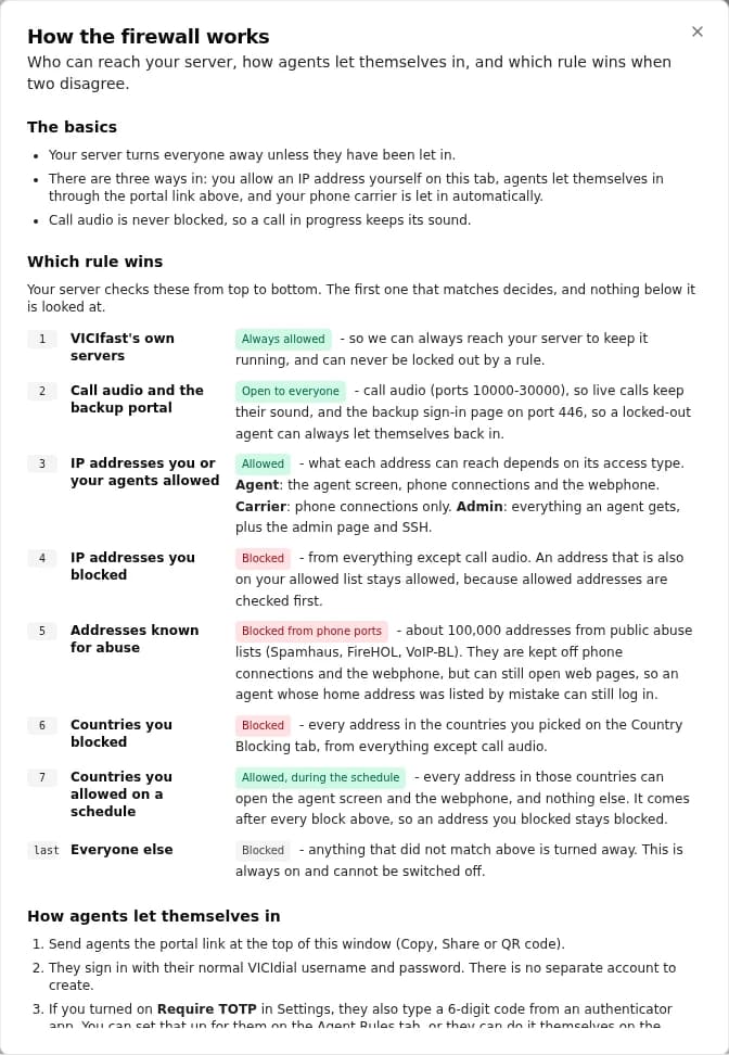 The VICIfast Firewall instructions dialog explaining, in plain English, which rule wins