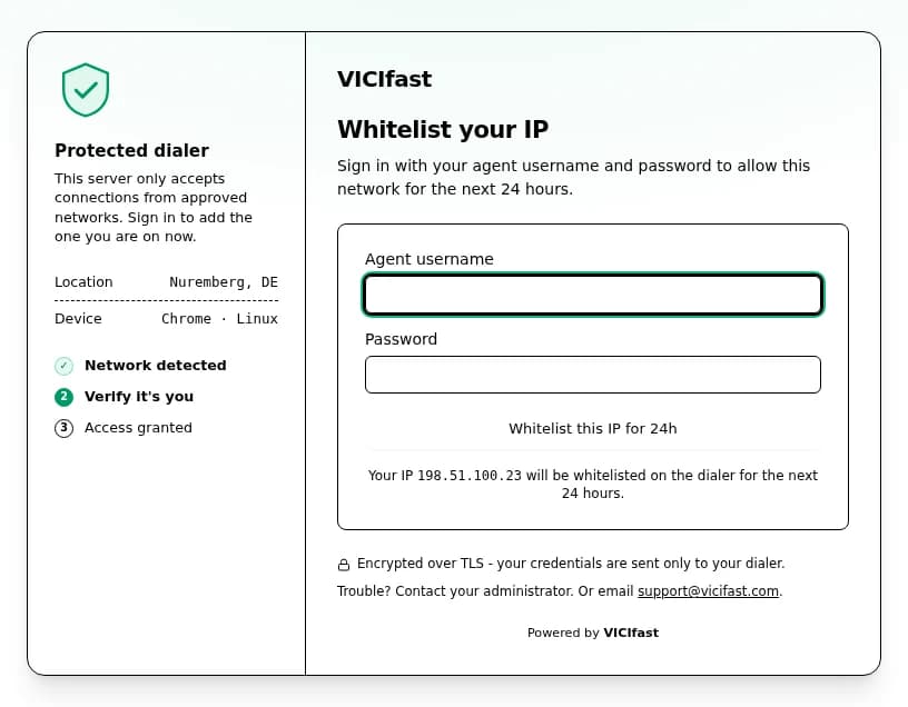 The agent firewall portal in a desktop browser: a VICIdial username and password form beside a panel showing the detected location, device and the three sign-in steps