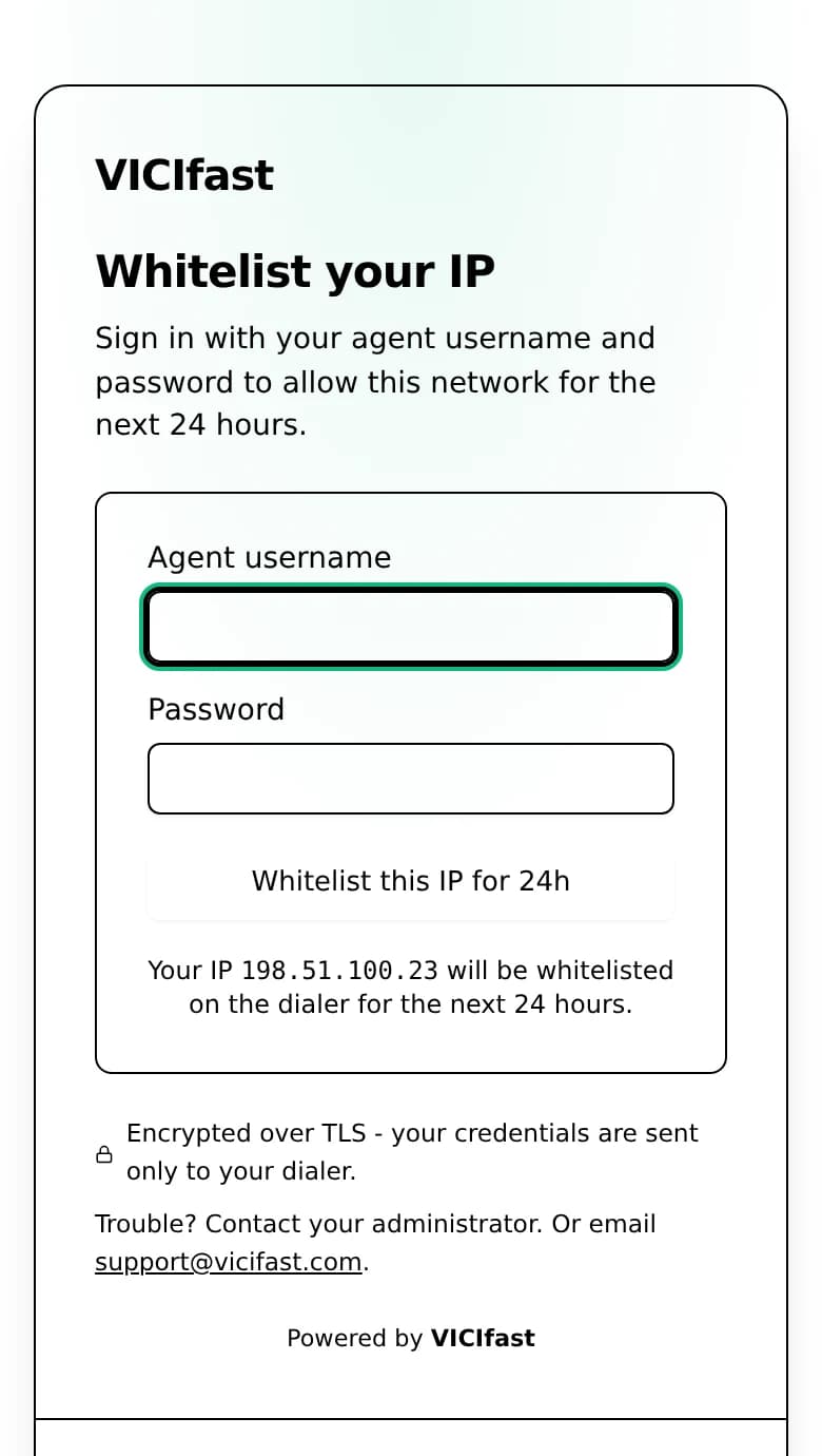The agent firewall portal on a phone, with the sign-in form first
