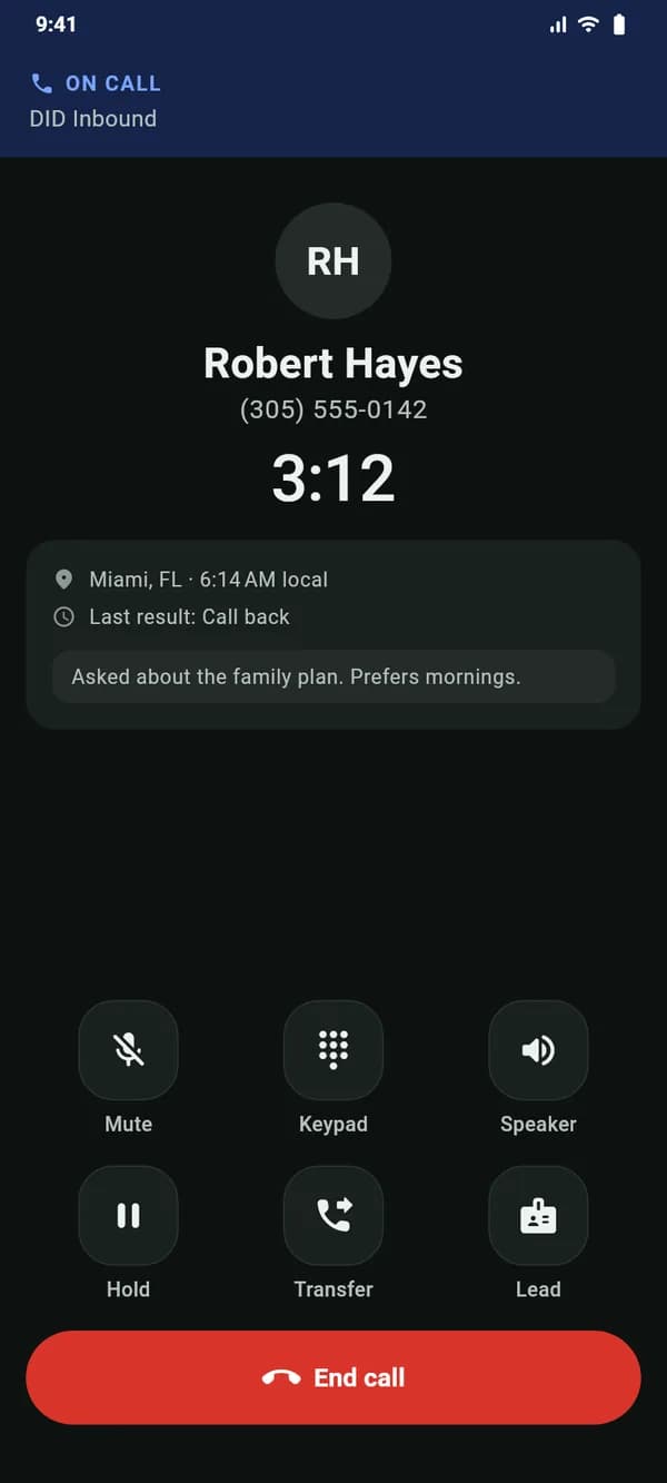 The VICIdial Android app on a call in dark mode