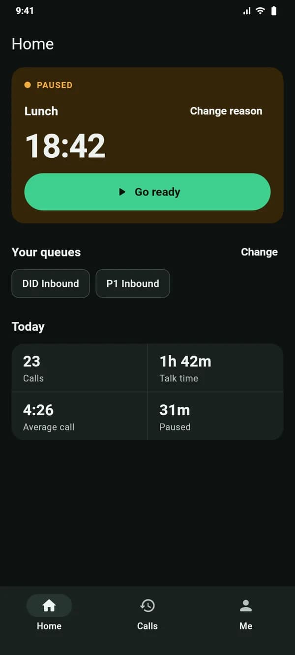 The VICIdial Android app home screen in dark mode, paused