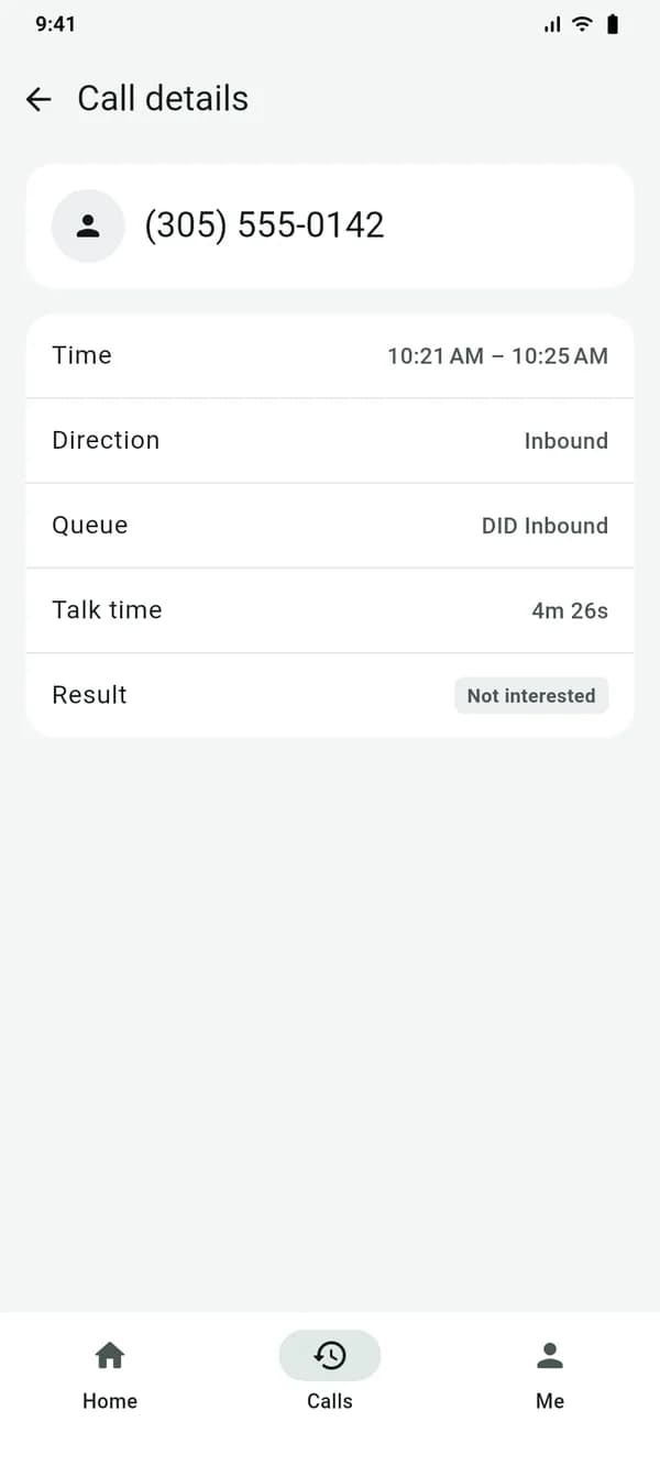 Call details in the VICIdial phone app: caller, queue, duration and result