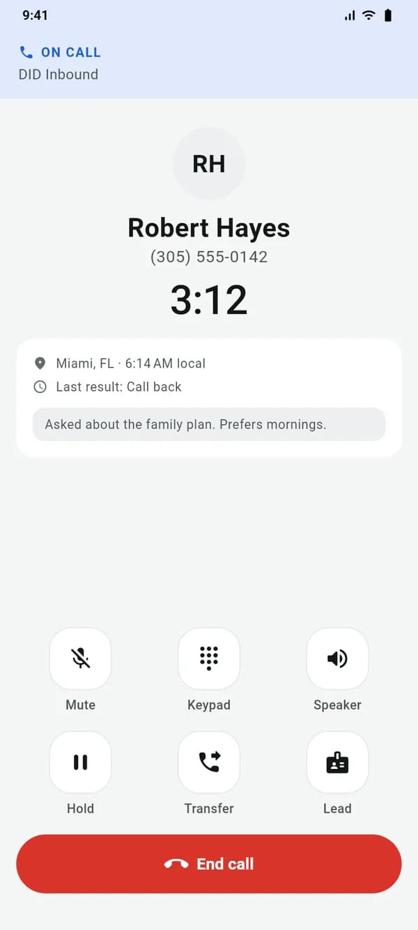 VICIdial Android app on a call: caller, call timer, lead location, last result and notes, with mute, hold, keypad and transfer