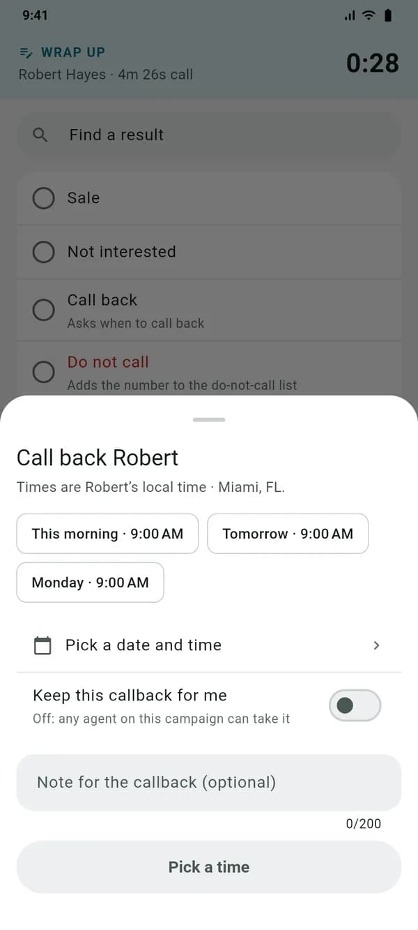 Scheduling a VICIdial callback from the phone app, in the customer’s time zone
