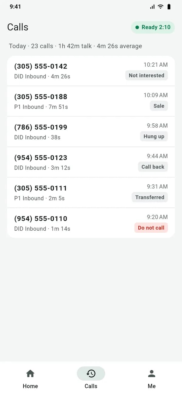 Today’s calls in the VICIdial Android app with their results