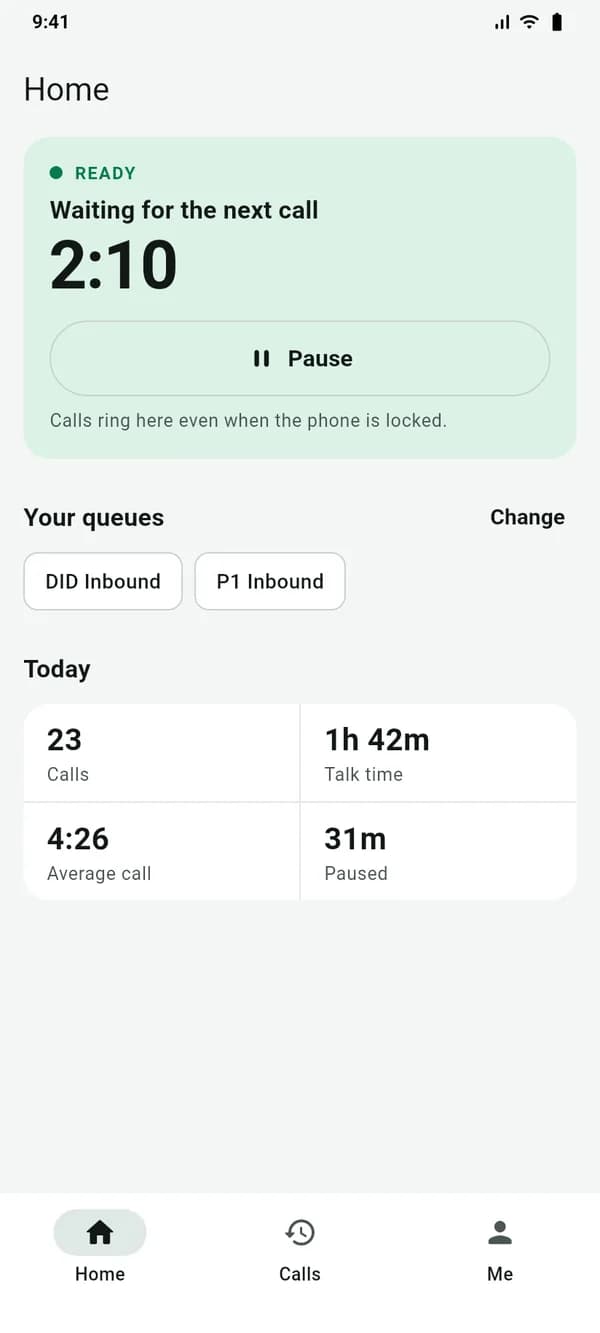 The agent’s home screen in the VICIdial Android app: ready for calls, with today’s numbers