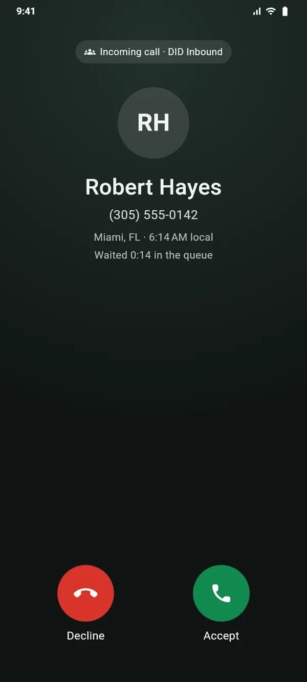 VICIdial Android app: an incoming queue call with the caller’s name, number, city, local time and how long they waited