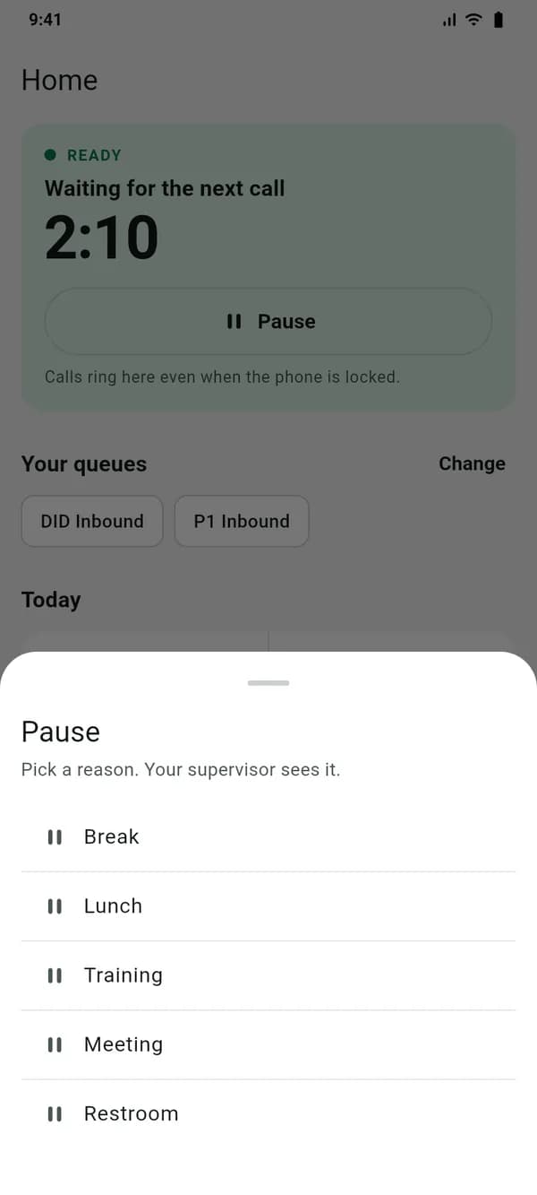 Choosing a VICIdial pause code in the phone app