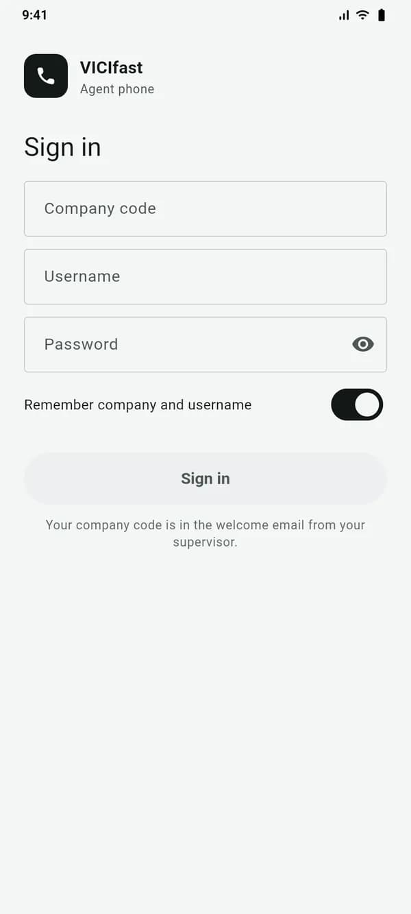 VICIdial phone app sign-in screen with company code, agent username and password