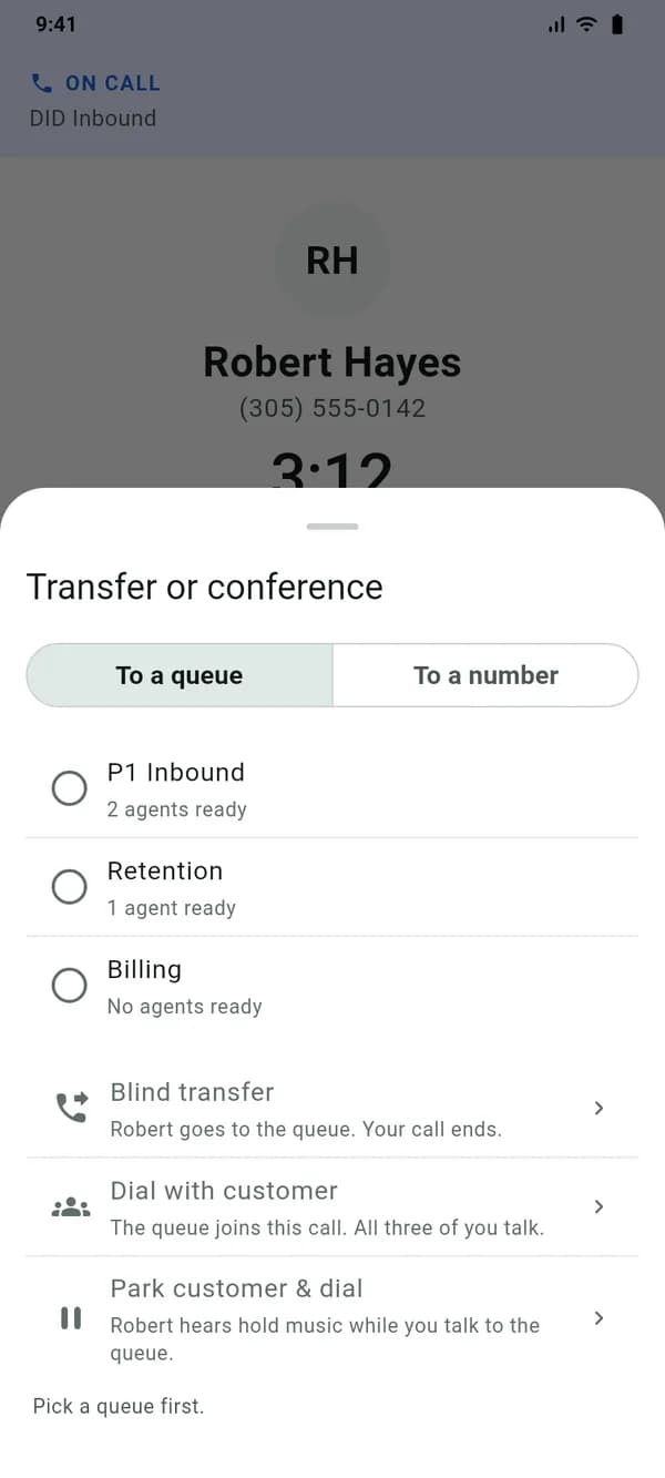 Transfer or conference sheet in the VICIdial Android app: pick a queue, then Blind transfer, Dial with customer or Park customer and dial