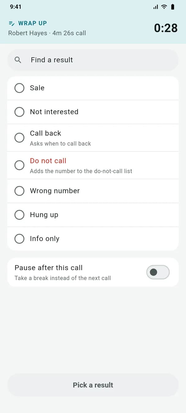 Wrap-up in the VICIdial Android app: choosing the call result (disposition)