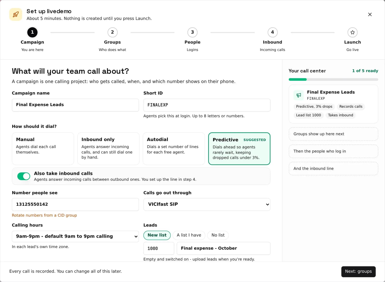 VICIdial Setup Wizard step 1: campaign name and short ID, dial method (Manual, Inbound only, Autodial, Predictive), caller ID, trunk, calling hours and lead list