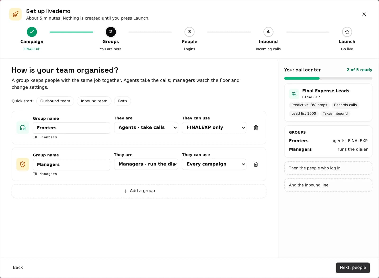 VICIdial Setup Wizard step 2: user groups for fronters and managers, each set to agents, supervisors or managers, with the campaigns they can use