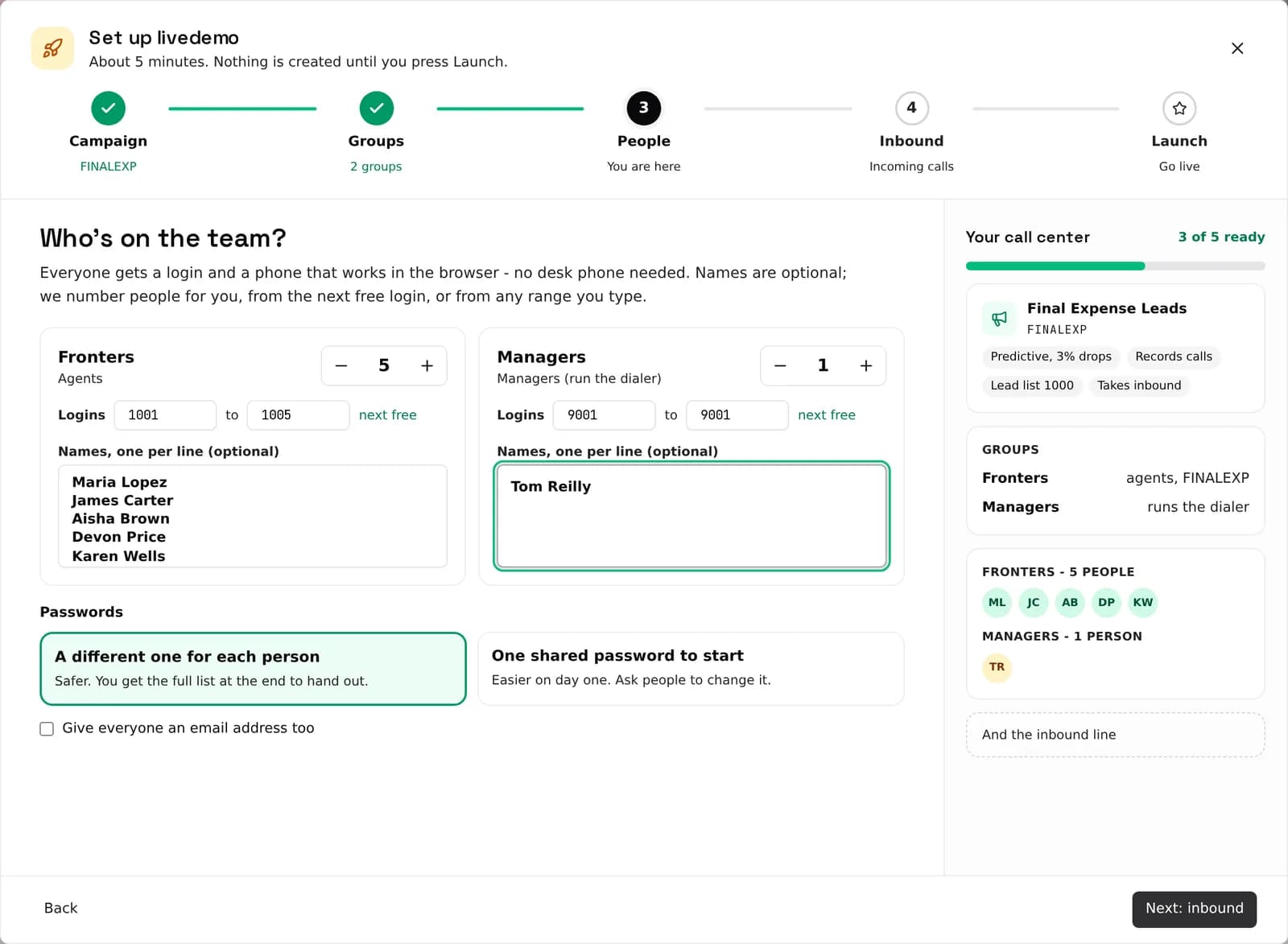 VICIdial Setup Wizard step 3: agent logins numbered from the next free login, names one per line, and a different password for each person
