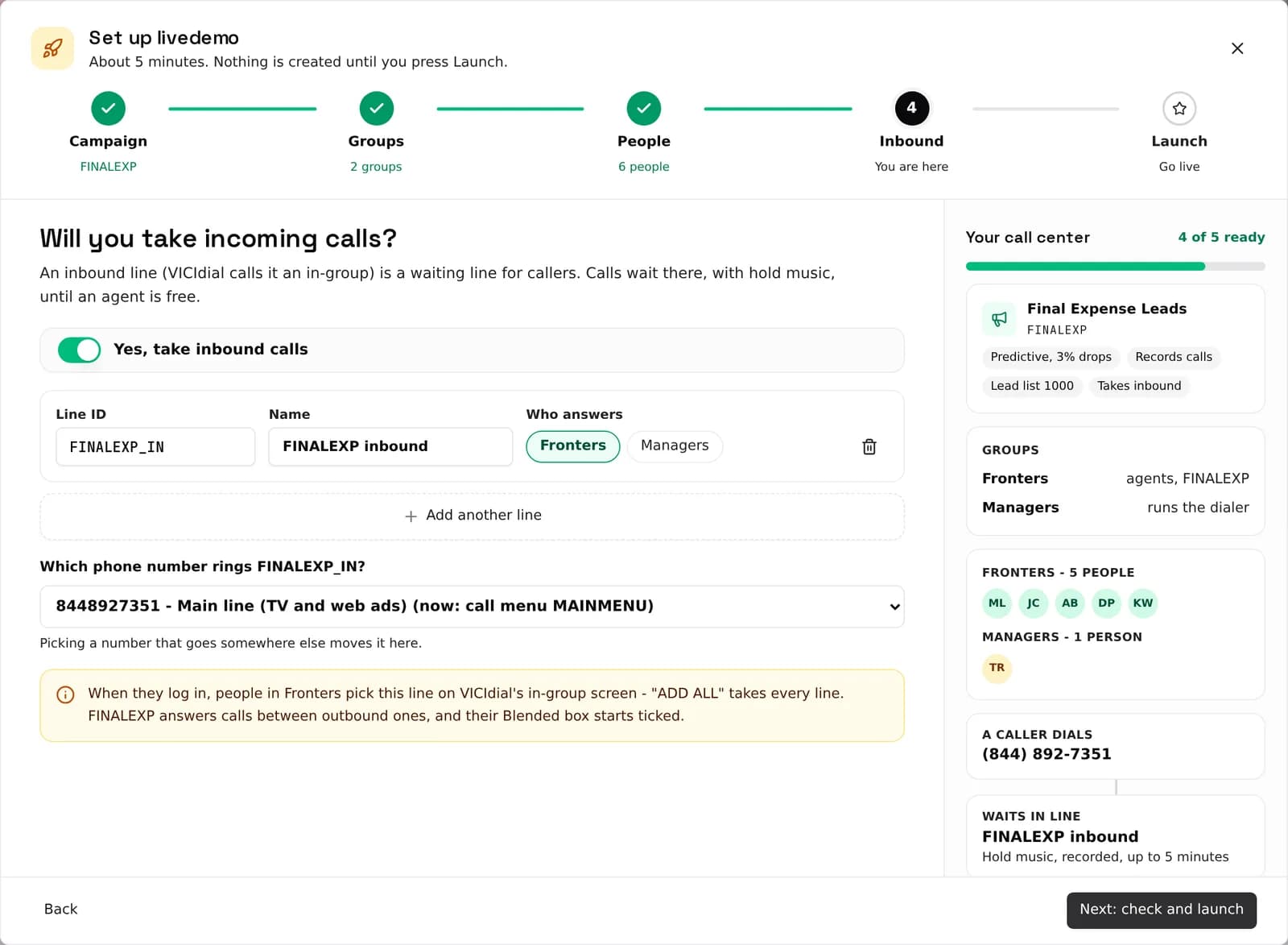 VICIdial Setup Wizard step 4: an inbound line (in-group) answered by the fronters group, with a phone number routed to it