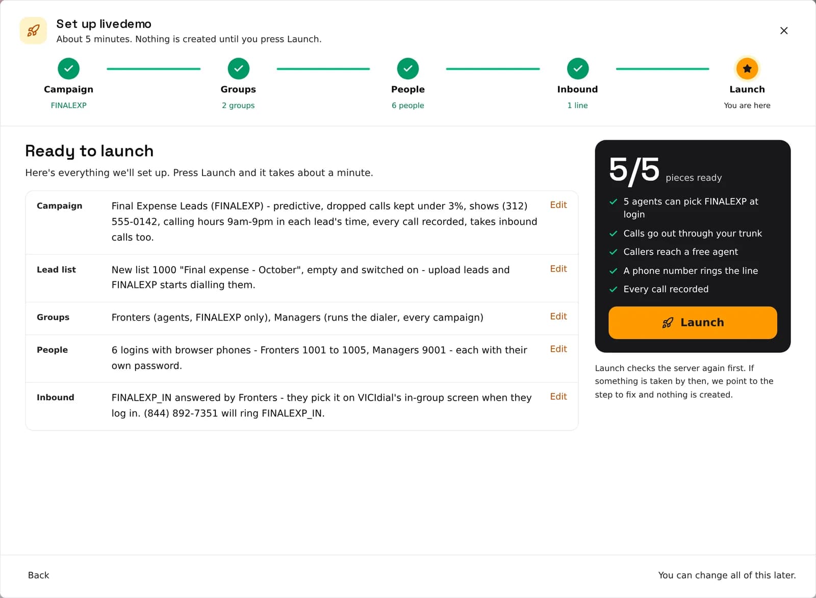 VICIdial Setup Wizard Ready to launch screen: a plain-English summary of the campaign, lead list, groups, people and inbound line, five of five pieces ready