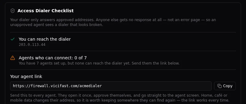 The access checklist on the server page: whether your own address is approved, how many agents can currently connect, and the link to send them.